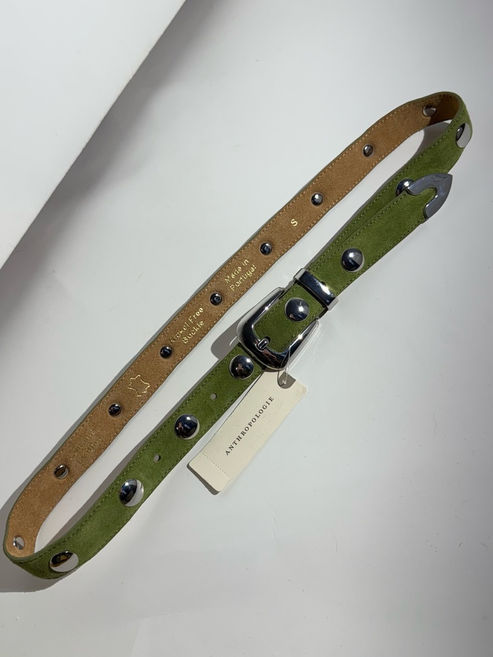NWT Anthropologie Olive Pistachio Green Suede Belt Silver Studs Summer Trend - Picture 3 of 7